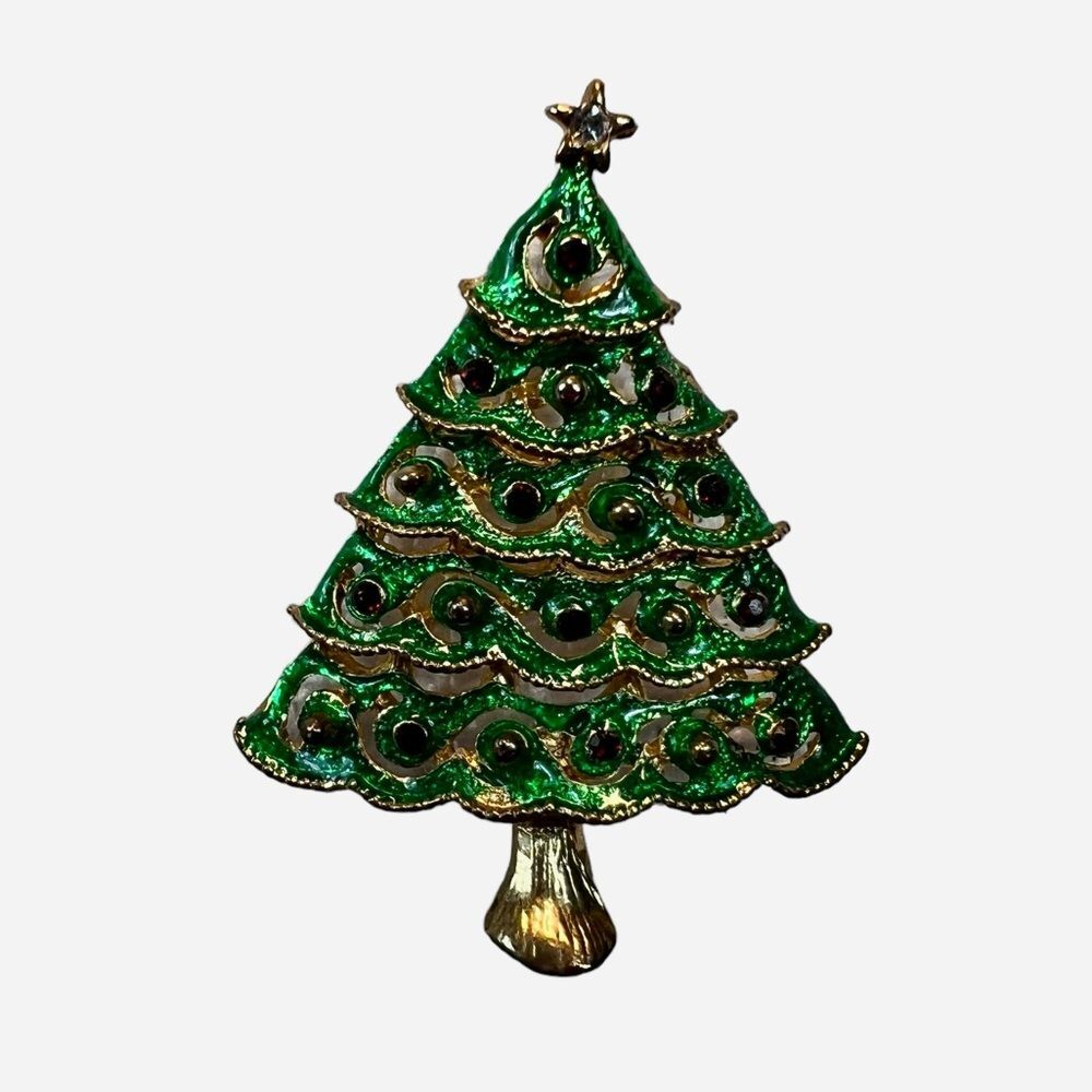 Vintage Christmas Tree Brooch Pin Green Gold Festive Holiday Hat Pin